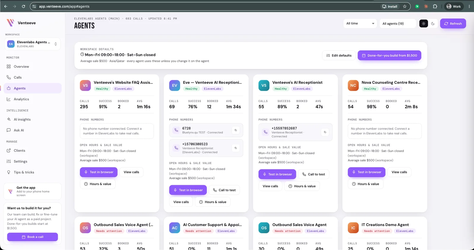 The Venteeve Agents page showing agent cards with calls, success, booked, average length, phone numbers and Healthy or Needs attention status.