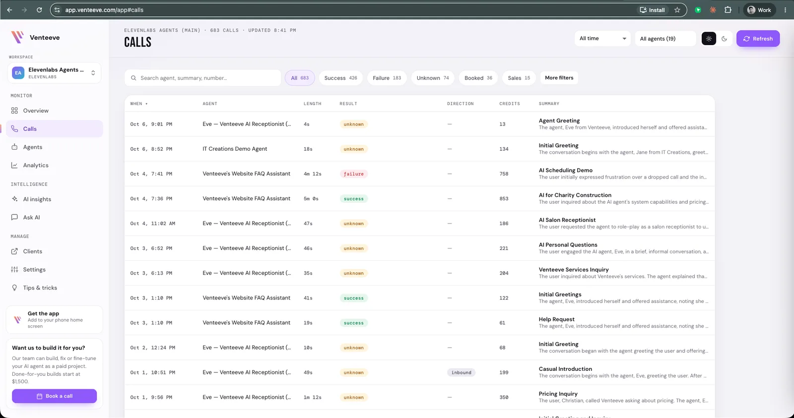 The Venteeve Calls page listing calls with agent, length, result and an AI summary, with filters for success, failure, unknown, booked and sales.
