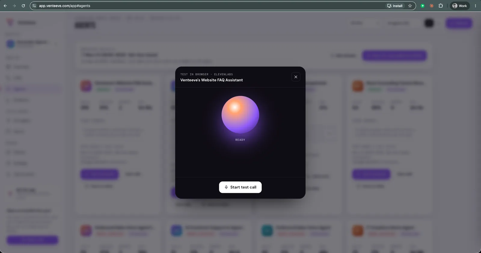 The Test in browser dialog in Venteeve with a Start test call button for an agent.