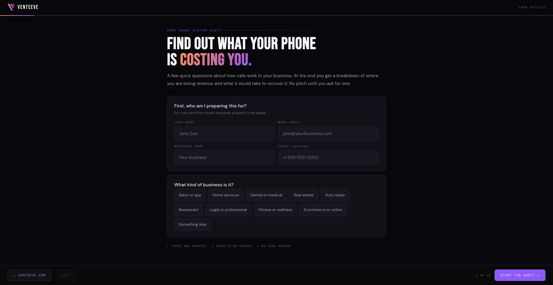 Sample audit result showing $3,897 slipping past the phone every month, 20 missed calls a week, 312 customers lost a year, $2,338 recoverable a month, live in 7 days.