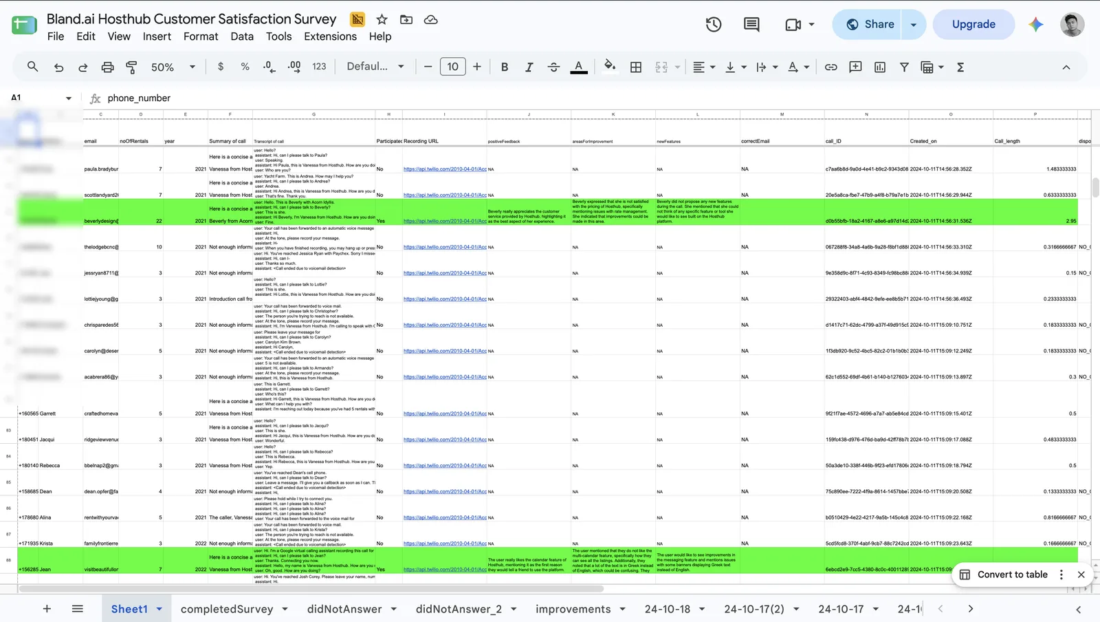 A real Google Sheet of AI voice agent calls for a client, with columns for phone number, transcript, recording URL, feedback and call length across dozens of rows.