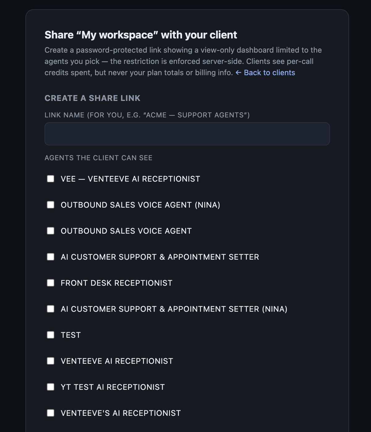 Password protected client share link setup
