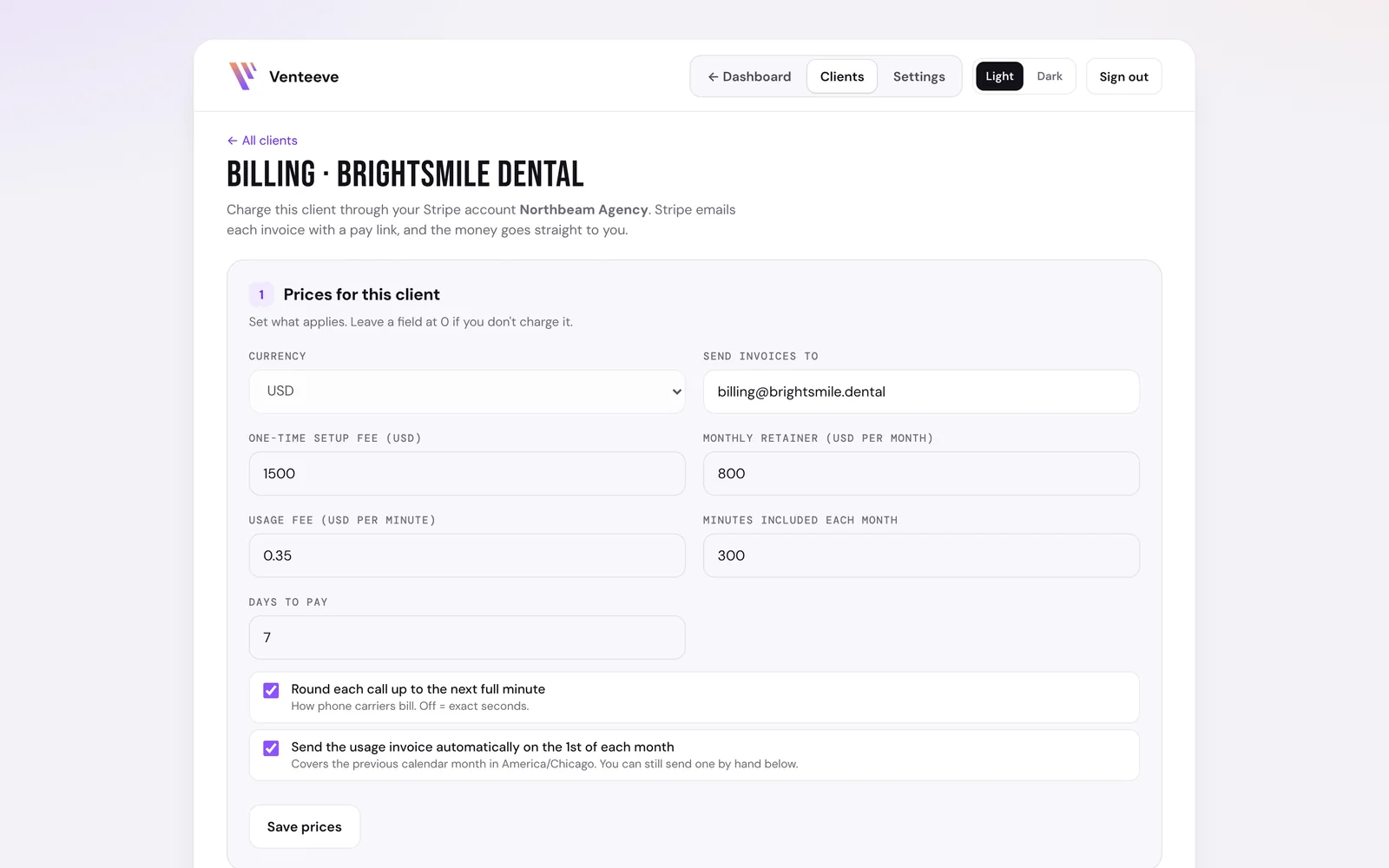 Client billing with setup, retainer and usage invoices