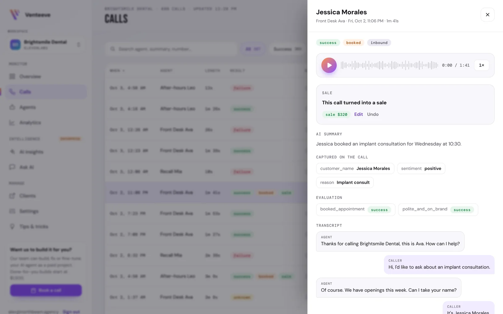 Searchable list of calls with outcomes and recordings