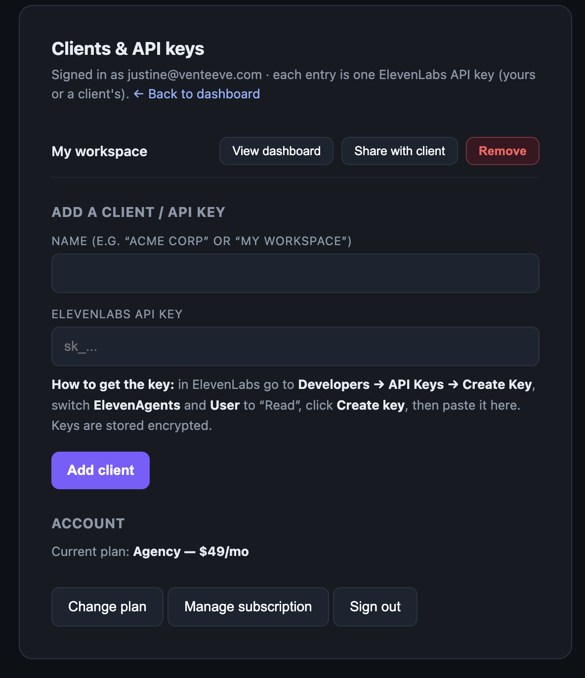 The Clients and API keys screen in the Venteeve Dashboard, where each client is added as an encrypted ElevenLabs API key, with the Agency plan shown at $49 per month.