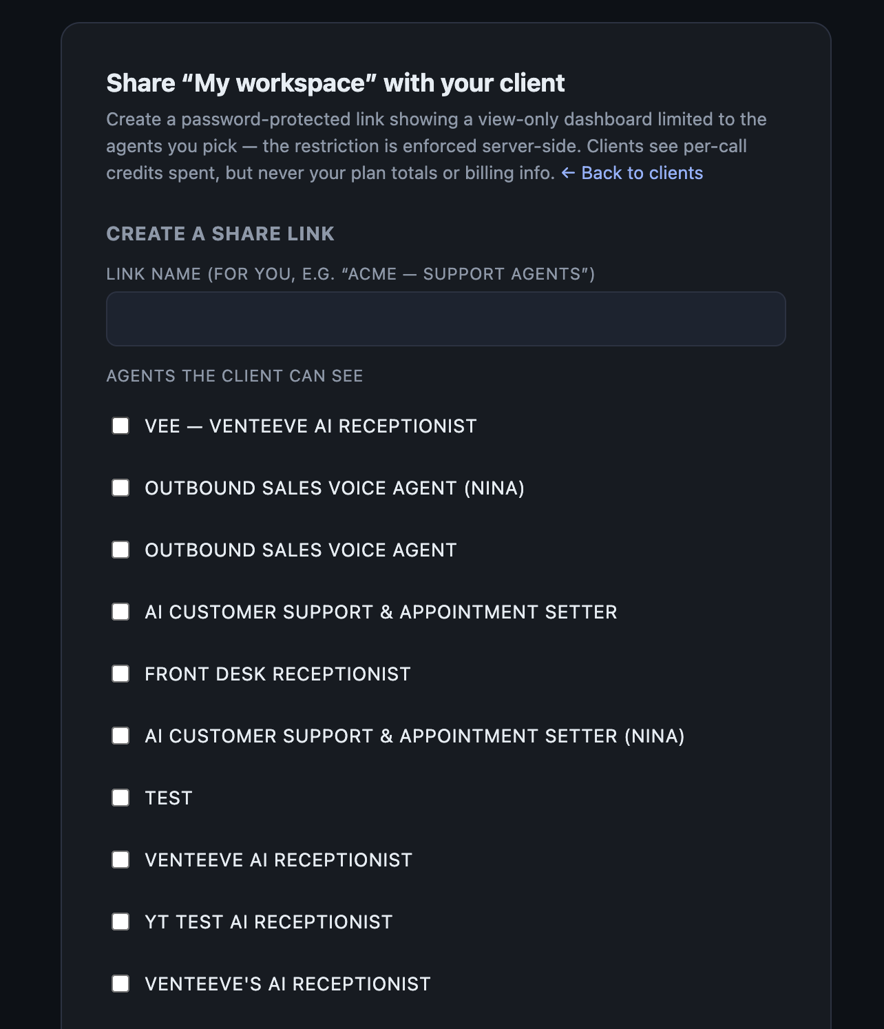 The share screen in the Venteeve Dashboard where you name a share link and tick which agents the client is allowed to see, with the restriction enforced server-side.