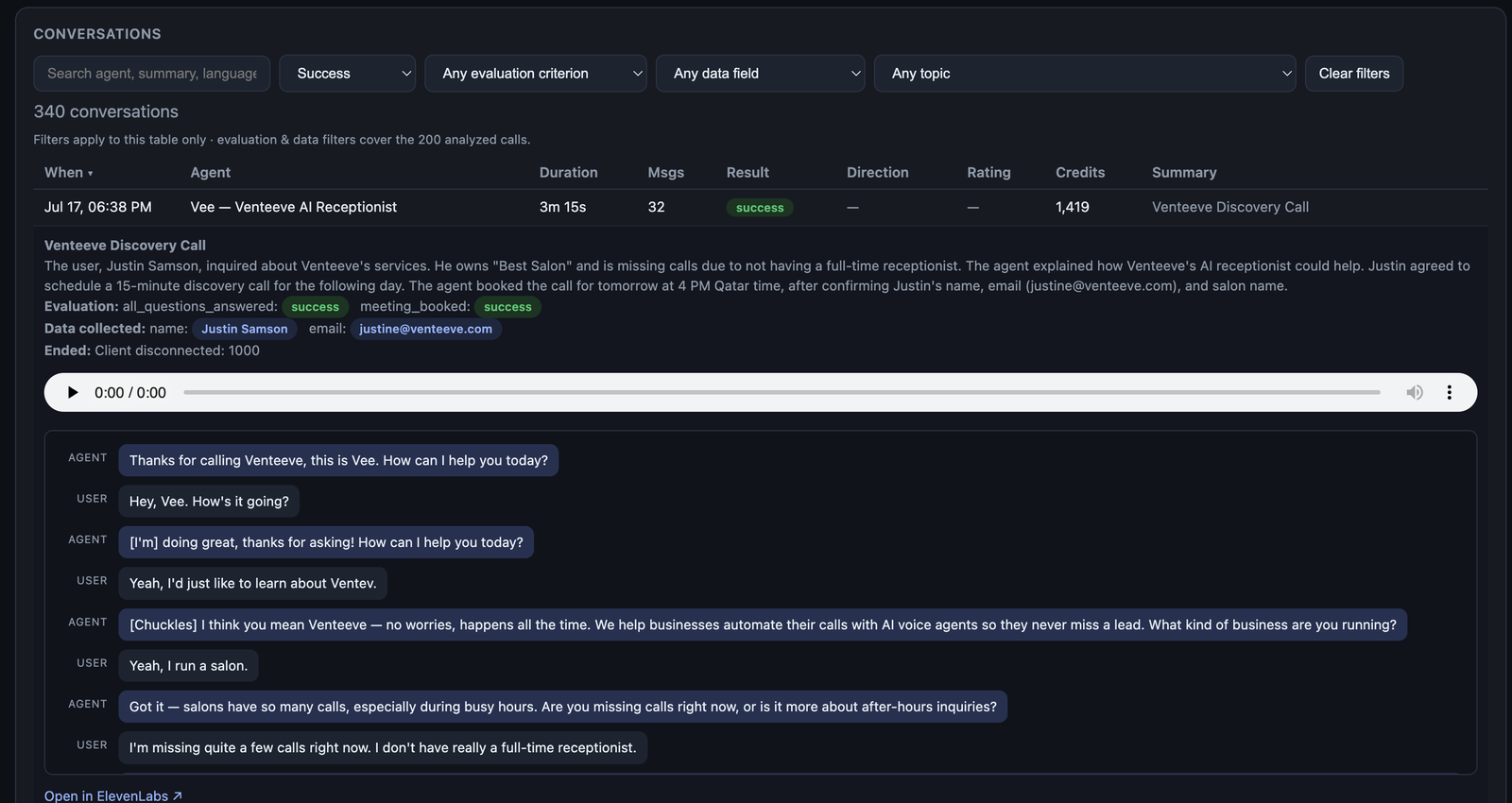 An expanded conversation in the Venteeve Dashboard showing the call summary, evaluation results, collected customer data, an audio player and the full transcript of the conversation.